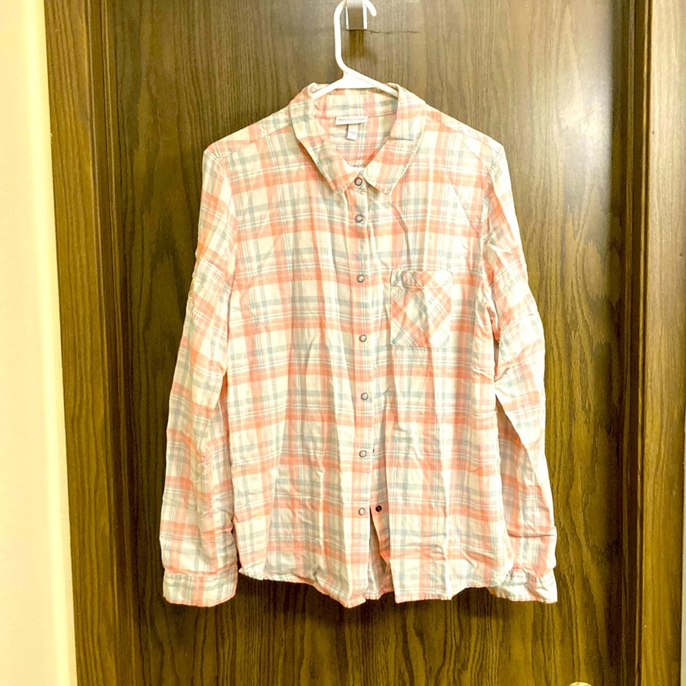 Women’s plaid long sleeve Western performance shirt, Peach/light turquoise.